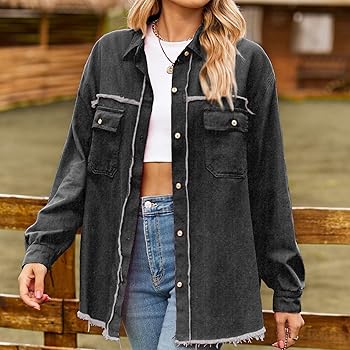 2025 Womens Oversized Distressed Jean Jacket Frayed Hem